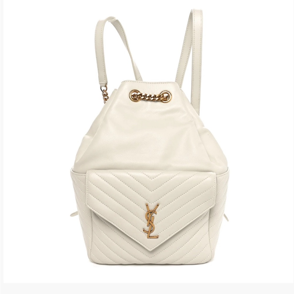 Saint Laurent Joe Drawstring Quilted Backpack in cream lambskin leather.